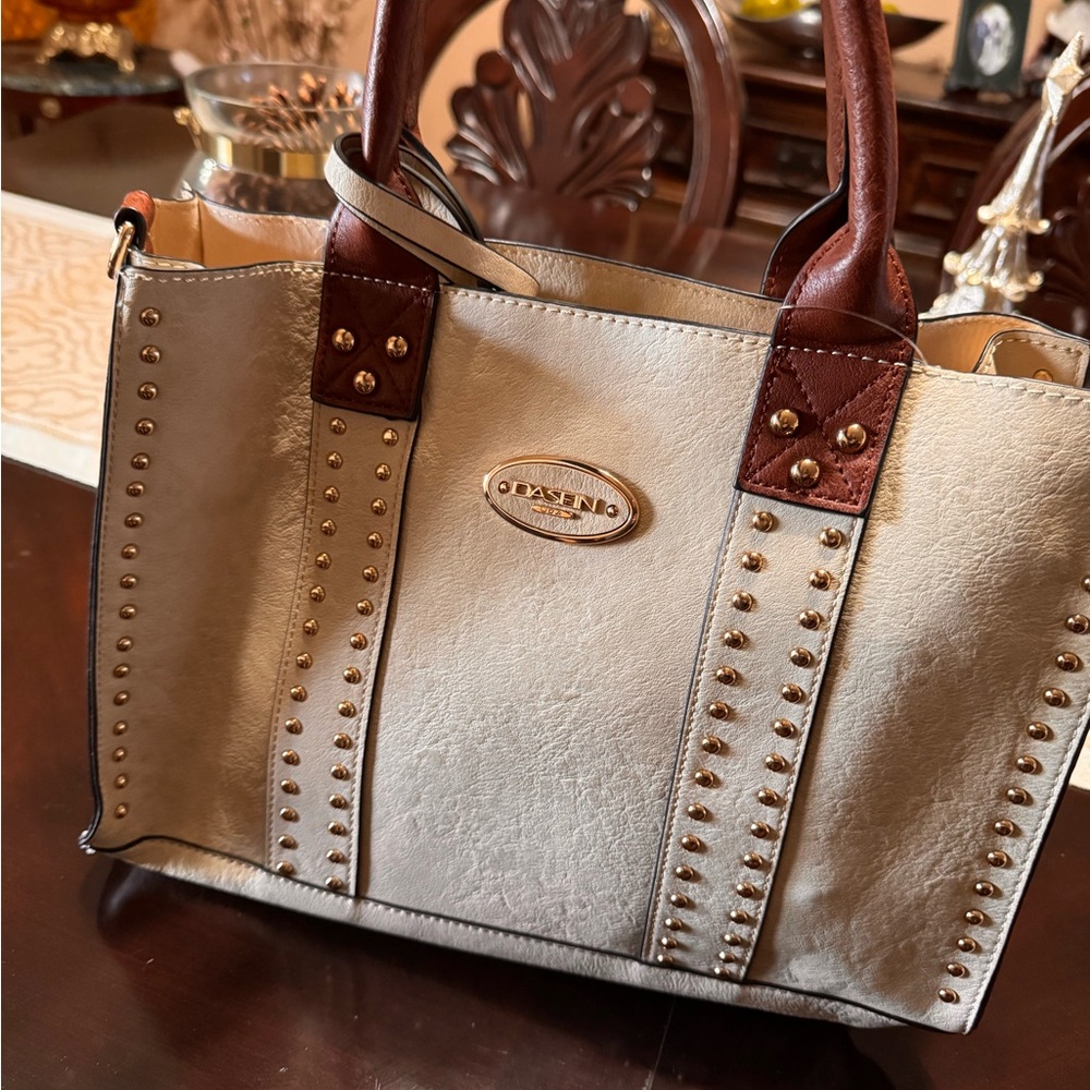 Avia Elegant Cream and Brown Studded Tote